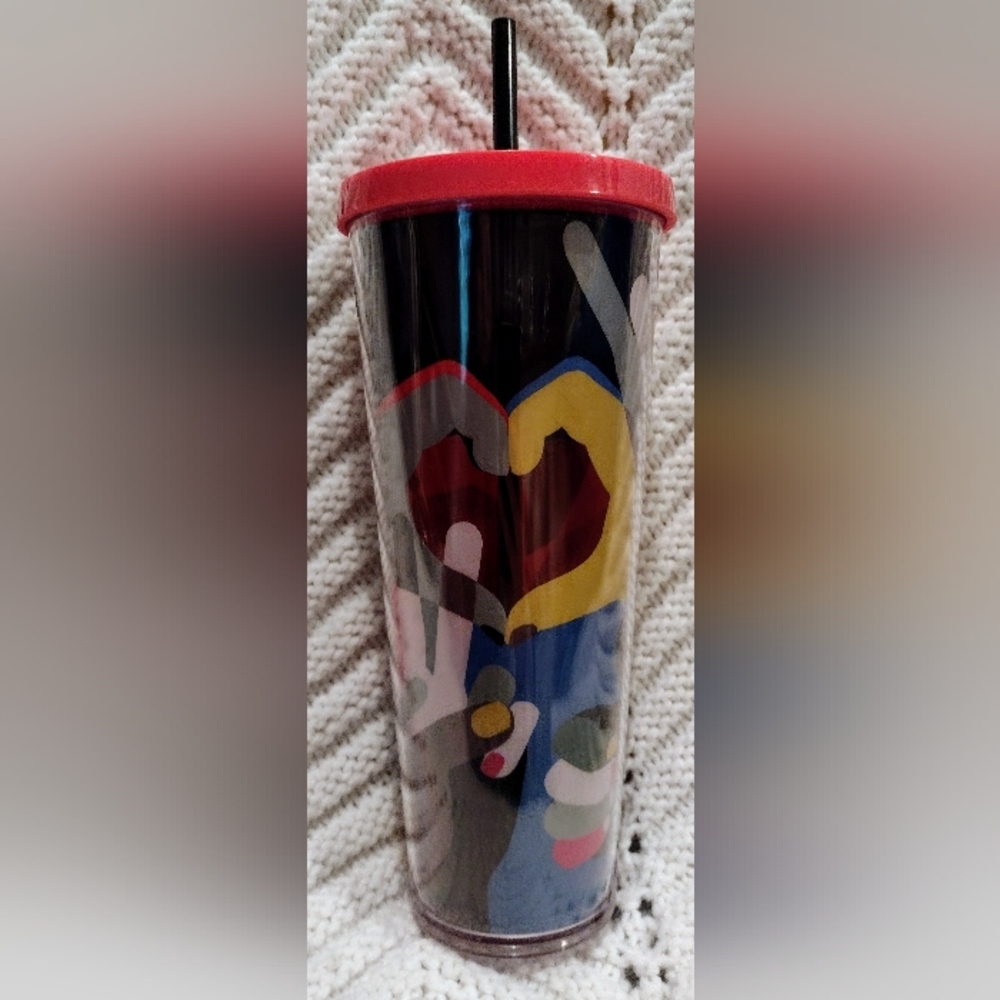 Starbucks 2017 PEACE LOVE Acrylic Cold Cup Tumbler 24 oz Hand Signs Multicolor
